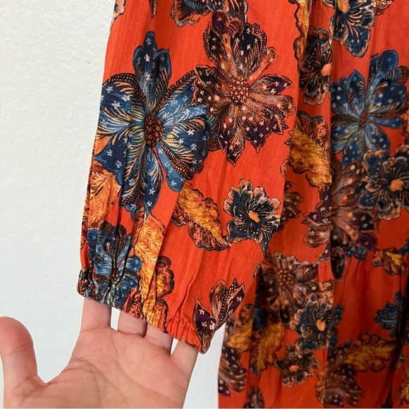 2/$30 Old Navy Tie-Neck Tiered Cotton Mini Floral Swing Dress Orange - Picture 5 of 15